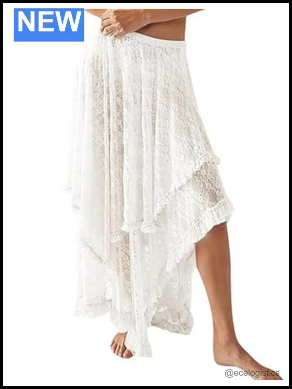 Maxi Lace Skirt Long Flowy Sheer Elastic Waist Asymmetrical Ruffle